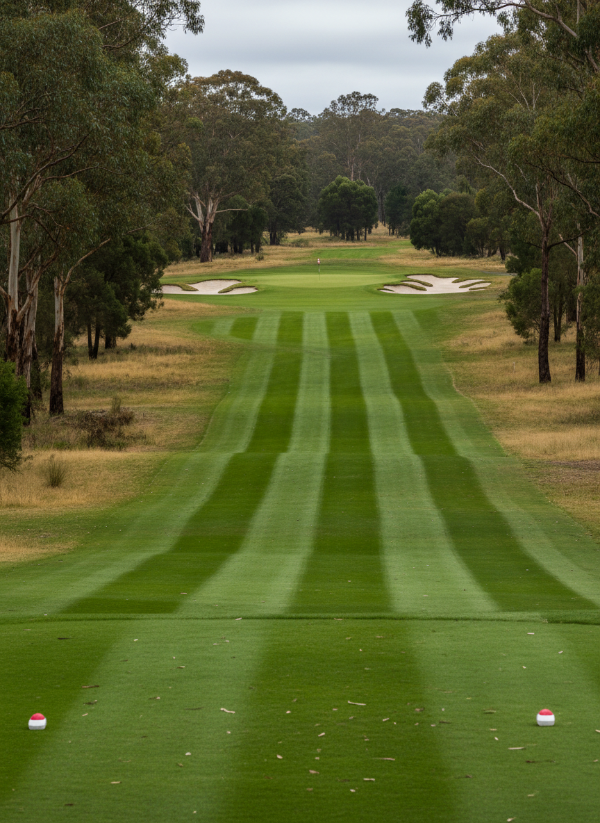 An expansive panoramic view of a Ballarat district golf course fairway framed by mature eucalyptus and native trees, with gently undulating terrain leading toward a distant elevated green protected by intricate bunkering. The fairway turf displays distinct mowing stripes in alternating light and dark greens, while rough areas show slightly longer, golden-tinted grass. Soft overcast light diffuses evenly across the landscape, reducing harsh shadows and emphasizing subtle contours in the ground. Captured with a wide-angle lens from a low tee-box perspective, the image maintains sharp focus from foreground tee markers to distant flag, drawing the viewer into the hole’s layout. The mood is serene yet strategic, conveying careful course design and a professional, competition-ready environment in clean photographic realism.