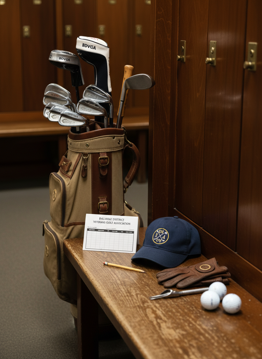 A close-up view of a neatly arranged set of veteran golfer essentials laid out on a smooth wooden bench inside a locker-room style space. A slightly worn but well-cared-for golf bag with traditional leather accents rests beside a polished set of irons and a classic blade-style putter. A navy cap embroidered with a subtle association logo sits near a scorecard labeled “Ballarat District Veterans Golf Association” and a small pencil. Soft overhead lighting creates gentle reflections on metal club heads and casts mild, orderly shadows. Shot from a slightly elevated angle with shallow depth of field, the foreground gear appears sharply detailed while wooden lockers in the background blur softly. The mood is orderly, respectful, and professional in realistic photographic style.
