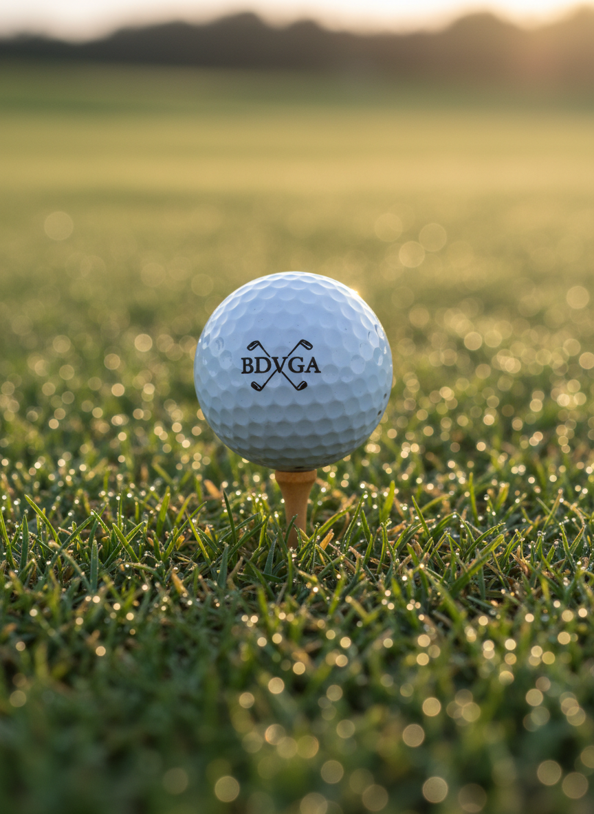 A close, detailed shot of a pristine white golf ball resting on a short wooden tee, positioned on freshly cut tee box turf with visible dew drops clinging to each blade of grass. The ball features a small, sharp logo reading “BDVGA” in classic serif lettering beneath a simple crossed-club icon. Warm golden hour sunlight from the side creates a delicate rim light on the ball’s dimples and tiny sparkles in the dew, while casting a soft, elongated shadow across the teeing ground. Photographed with a macro lens and shallow depth of field, the ball and immediate grass are in razor-sharp focus, with the distant fairway dissolving into a smooth, professional bokeh. The atmosphere is quietly anticipatory and disciplined in high-quality photographic realism.