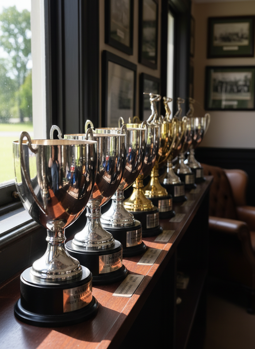 An orderly row of polished silver and gold-toned golf trophies displayed on a dark wooden shelf inside a traditional clubhouse trophy room. Each cup and figurine stands on a black or mahogany base engraved with the names of annual veterans’ events and Ballarat district courses. Subtle reflections of nearby windows and greenery appear on the curved metal surfaces. Soft, diffused daylight enters from an unseen side window, creating gentle highlights and delicate shadows that emphasize the engraving and craftsmanship. Captured at eye level with a moderate depth of field, the foreground trophies appear crisply detailed while the back row falls slightly out of focus. The mood is dignified and celebratory, reflecting long-standing competition history in clean, realistic photographic style.