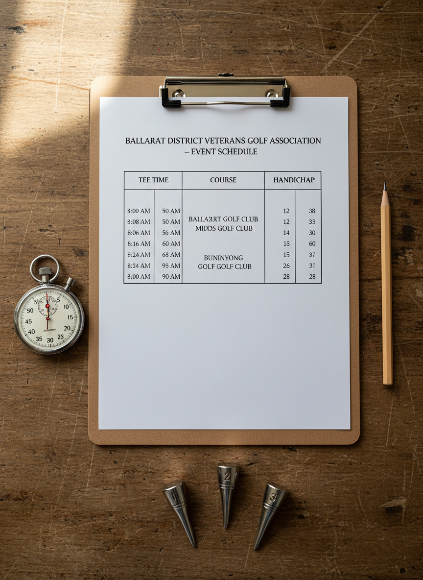 A detailed overhead view of a printed competition draw sheet for a veterans’ golf event, neatly clipped to a plain clipboard resting on a rustic clubhouse table. The sheet is clearly titled “Ballarat District Veterans Golf Association – Event Schedule” with precisely aligned tee times, course names, and handicap columns. A traditional analog stopwatch, a sharpened pencil, and a set of polished metal tee markers engraved with hole numbers are arranged strategically around the sheet. Gentle indoor daylight from a nearby window creates soft, directional lighting, casting mild shadows and subtle highlights on the paper texture and metal surfaces. The composition centers the draw sheet while surrounding objects form a balanced frame, photographed in sharp, clean photographic realism to convey organization, professionalism, and attention to detail.