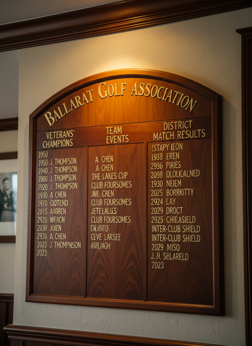 A refined close-up of a classic wooden honors board mounted on a clubhouse wall, its deep mahogany surface polished to a smooth sheen. Gold-leaf lettering meticulously lists decades of veterans’ champions, team events, and Ballarat district match results in neat columns, with the association name elegantly carved at the top. Warm, focused indoor lighting from above gently illuminates the names, casting subtle shadows into the engraved lettering and creating a dignified glow on the wood grain. Photographed straight-on with sharp focus across the entire board, only a faint hint of surrounding wall and molding is visible, keeping attention on the history recorded. The mood is reverent and professional, underscoring tradition and achievement in authentic photographic realism.