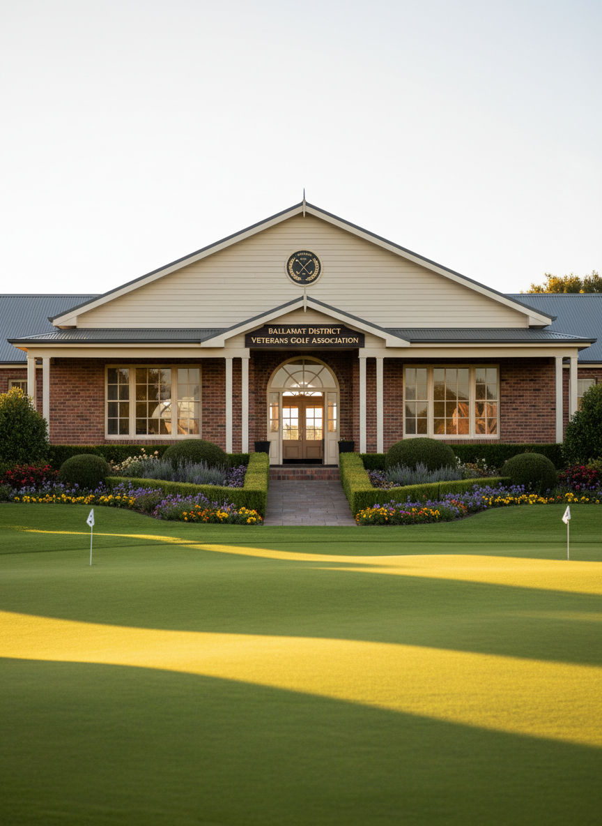 A classic clubhouse-style building constructed of warm brick and muted cream cladding sits overlooking an expansive practice putting green. Neatly painted signage reading “Ballarat District Veterans Golf Association” is mounted near the entrance, with a discreet emblem featuring crossed golf clubs and a laurel wreath. Manicured hedges and seasonal flowers frame the path to the door. Soft, late afternoon light bathes the building, adding gentle highlights to windows and roofline while casting delicate shadows on the lawn. Captured from a slightly elevated angle, the entire scene is in crisp focus, conveying a professional, welcoming atmosphere in clean photographic realism, ideal as a hero image for a senior social golf club.